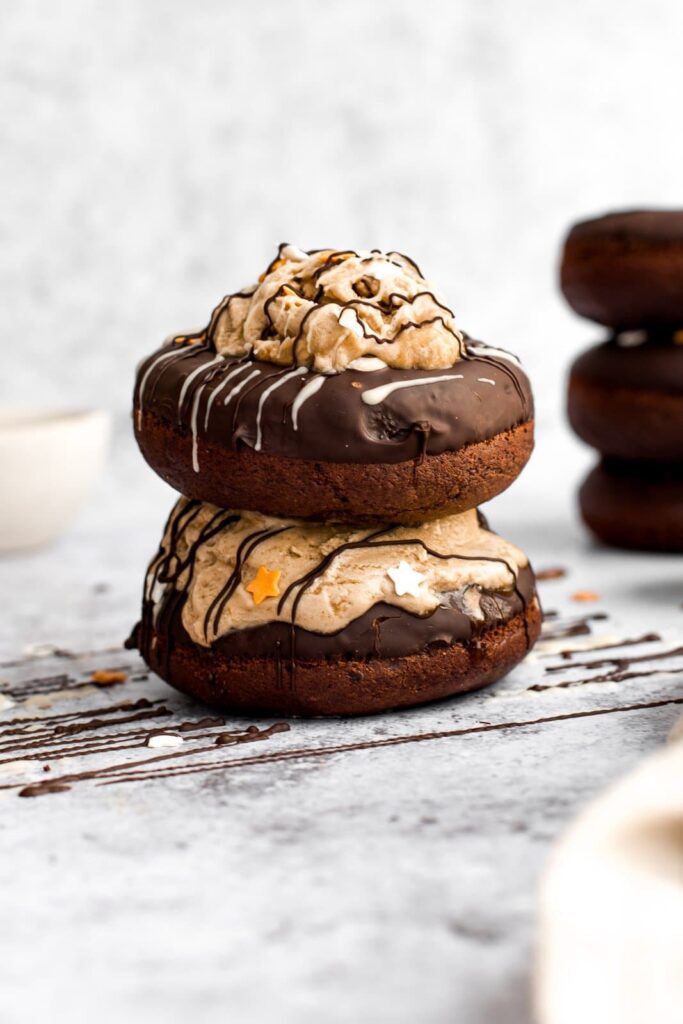 A vegan donut sandwich with ice cream