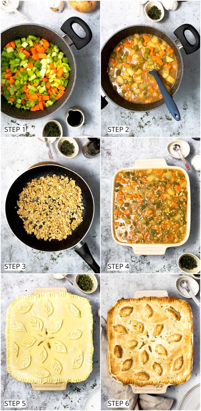 Step-by-step process of baking a vegan pie from scratch.