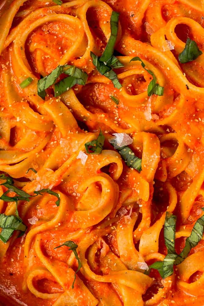 Close up of vegan roasted red pepper pasta sauce