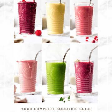 A collage of 6 plant based smoothies on a white marble background.