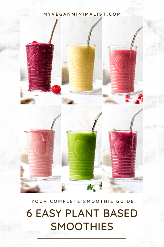 A collage of 6 plant based smoothies on a white marble background.