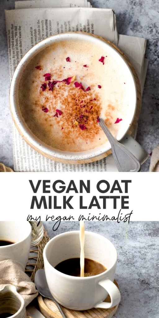 A mug containing foamy vegan oat milk latte. 