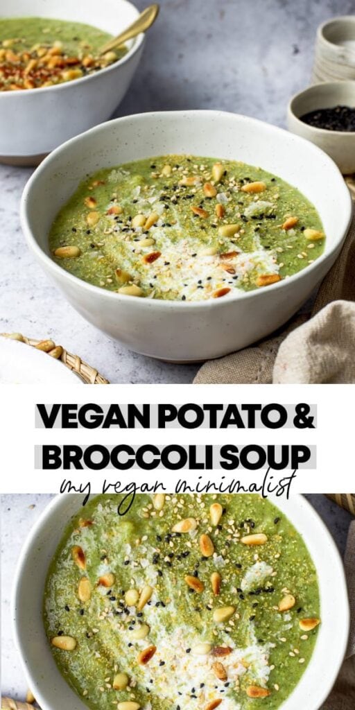 Vegan potato broccoli soup in a white bowl. 