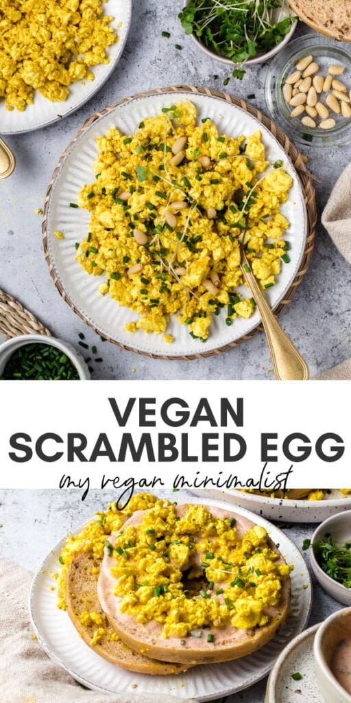 A plate containing vegan scrambled egg and lots of seasoning, herbs and spices. 