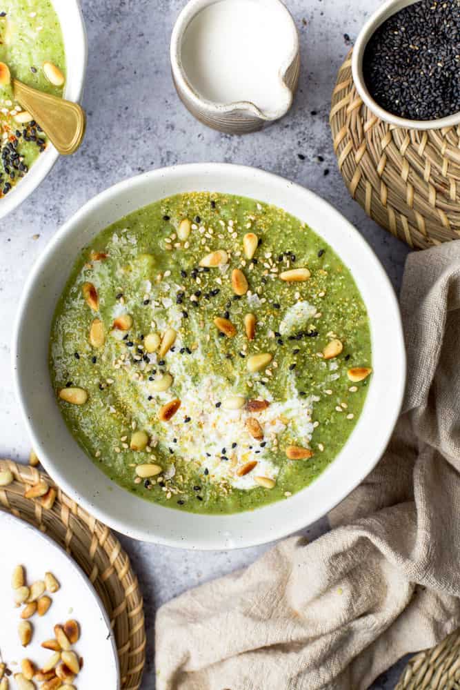 A bowl of vegan broccoli potato soup.