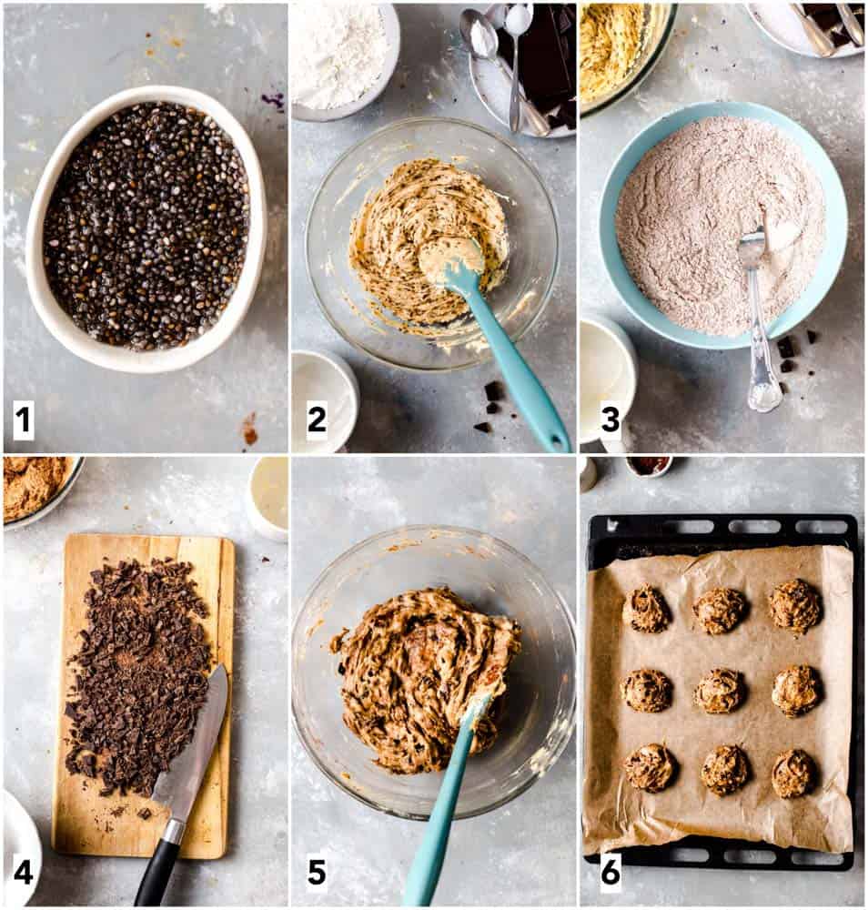 Pixtures detailing six steps of making choc chip cookies.
