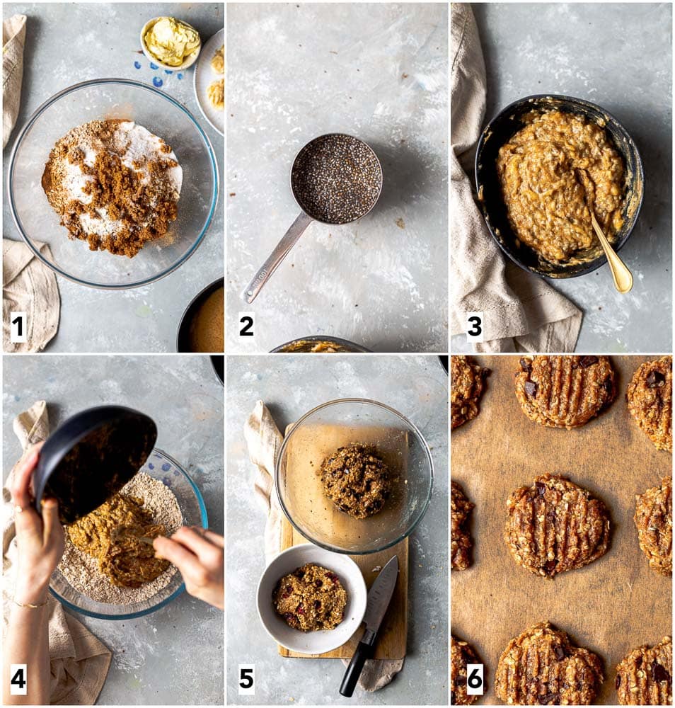 A collage of six images showing steps in making vegan oatmeal cookies. 