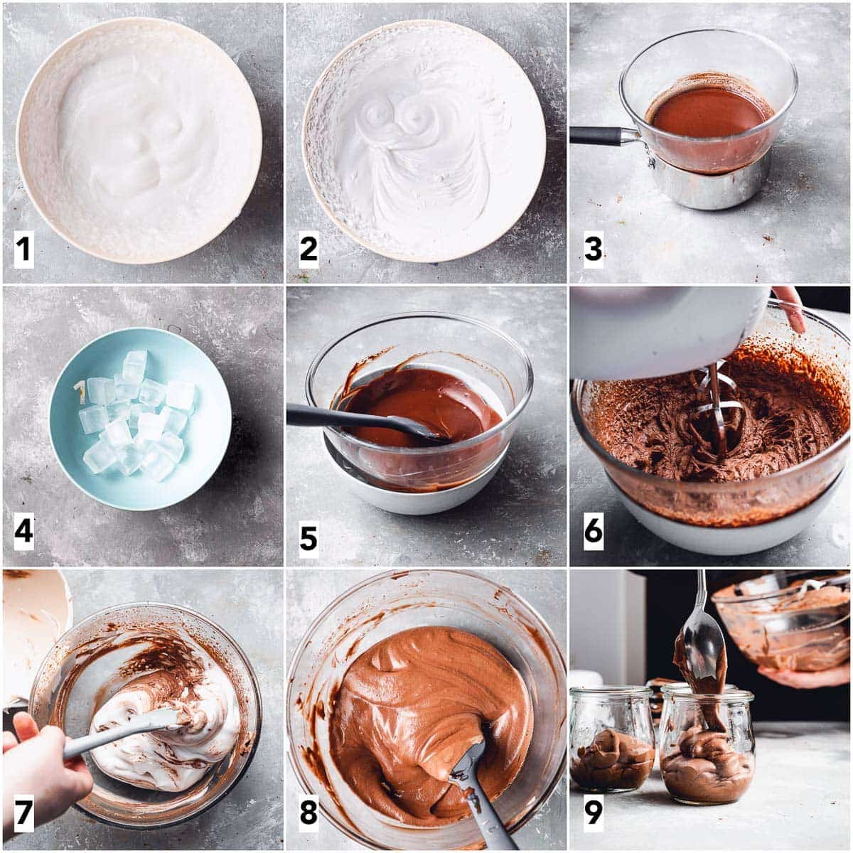 Nine steps in the making of chocolate mousse.