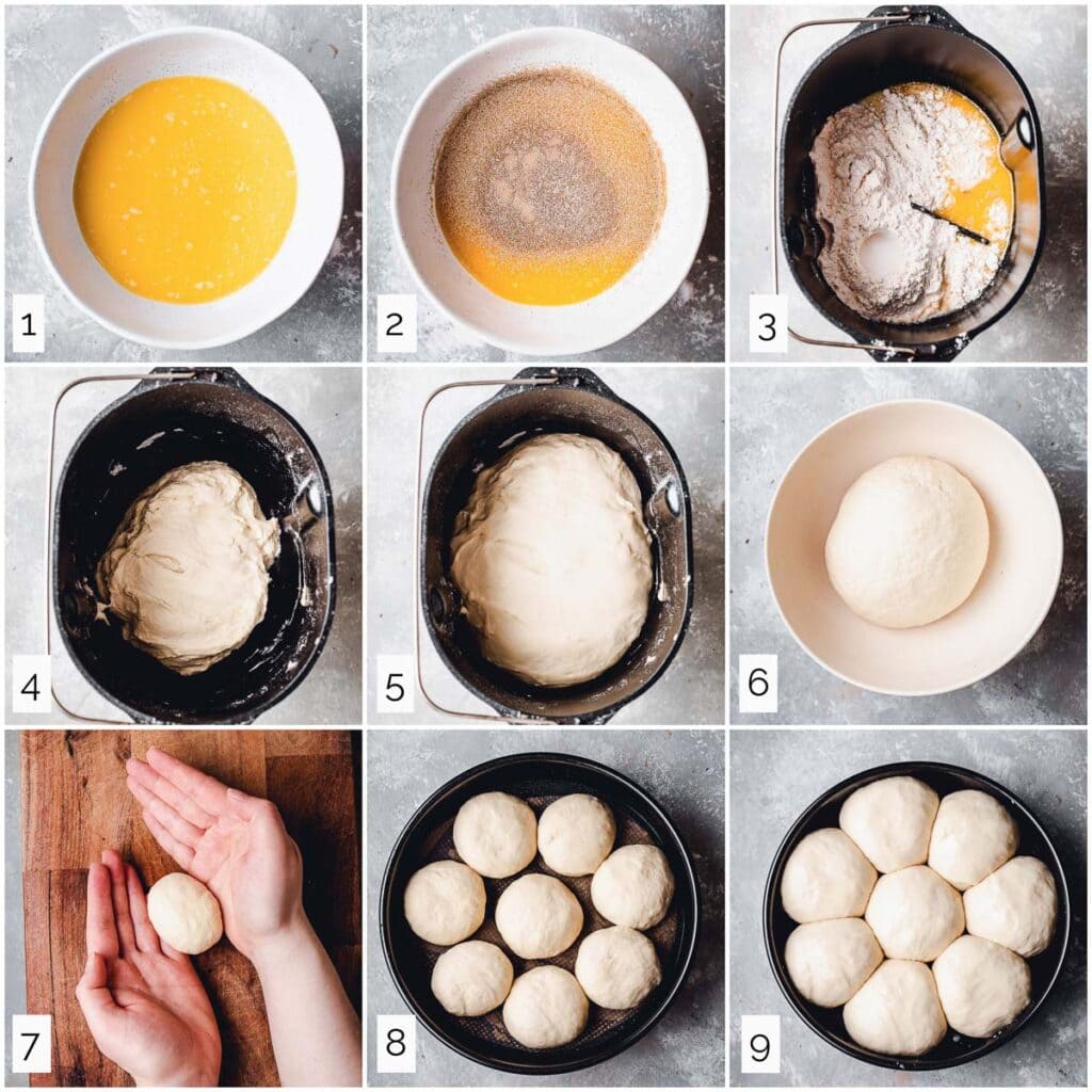 A collage of nine images showing steps in making dinner rolls. 