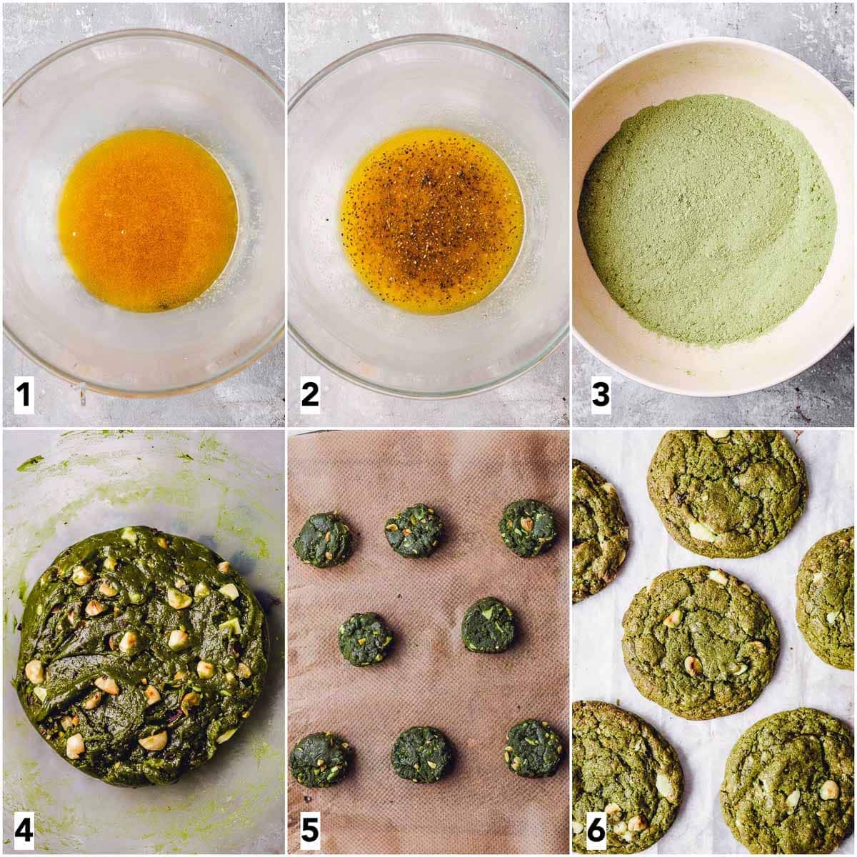 A collage of six images showing all the steps in making cookies. 