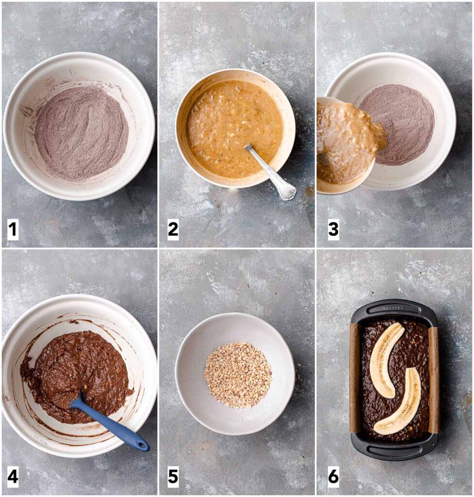 A collage of 6 images showing step in making banana bread. 