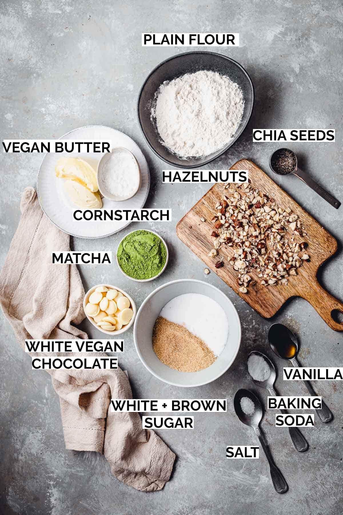 All ingredients needed to bake vegan matcha cookies. 