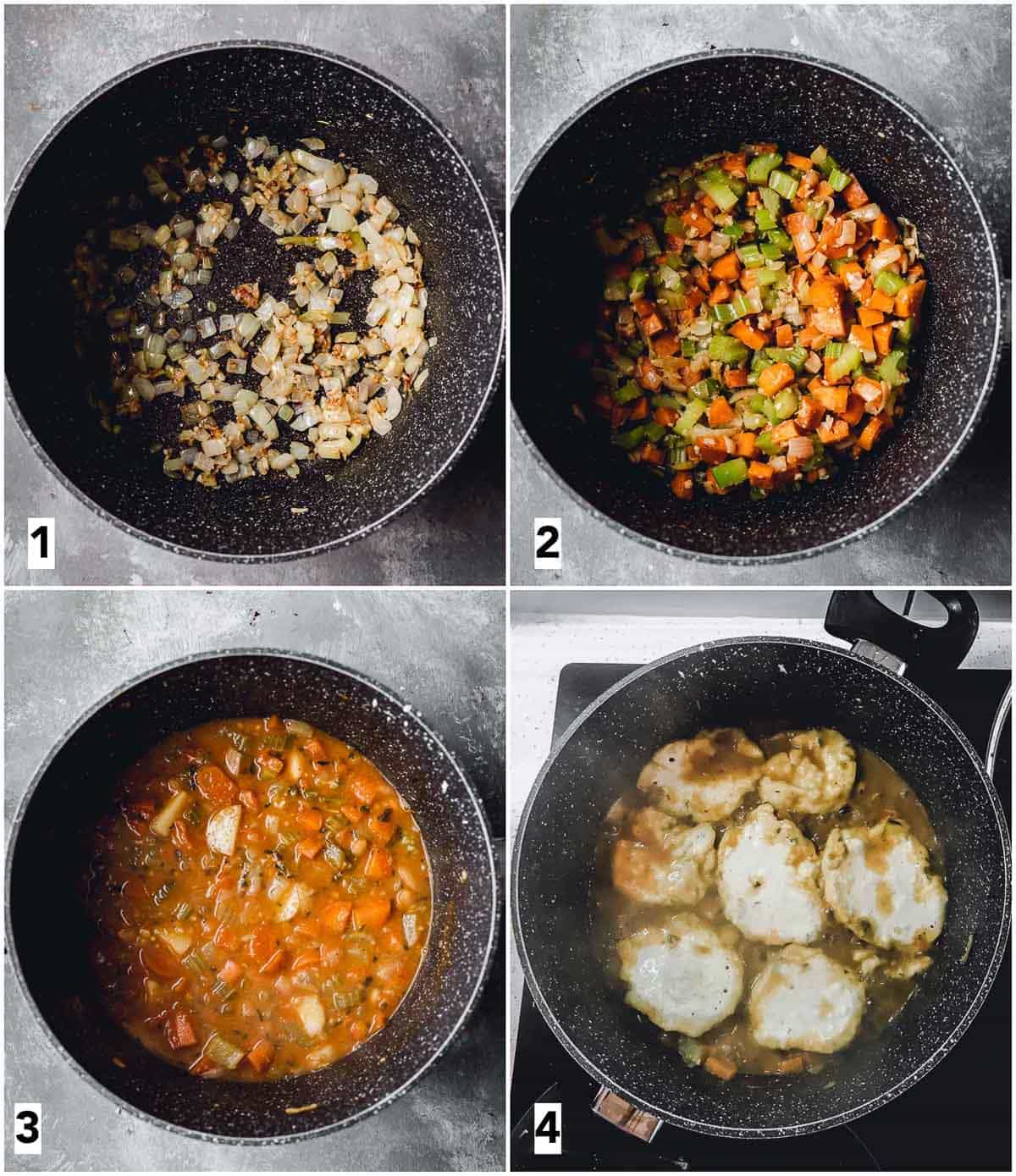 A collage of four images showing four steps in making stew. 