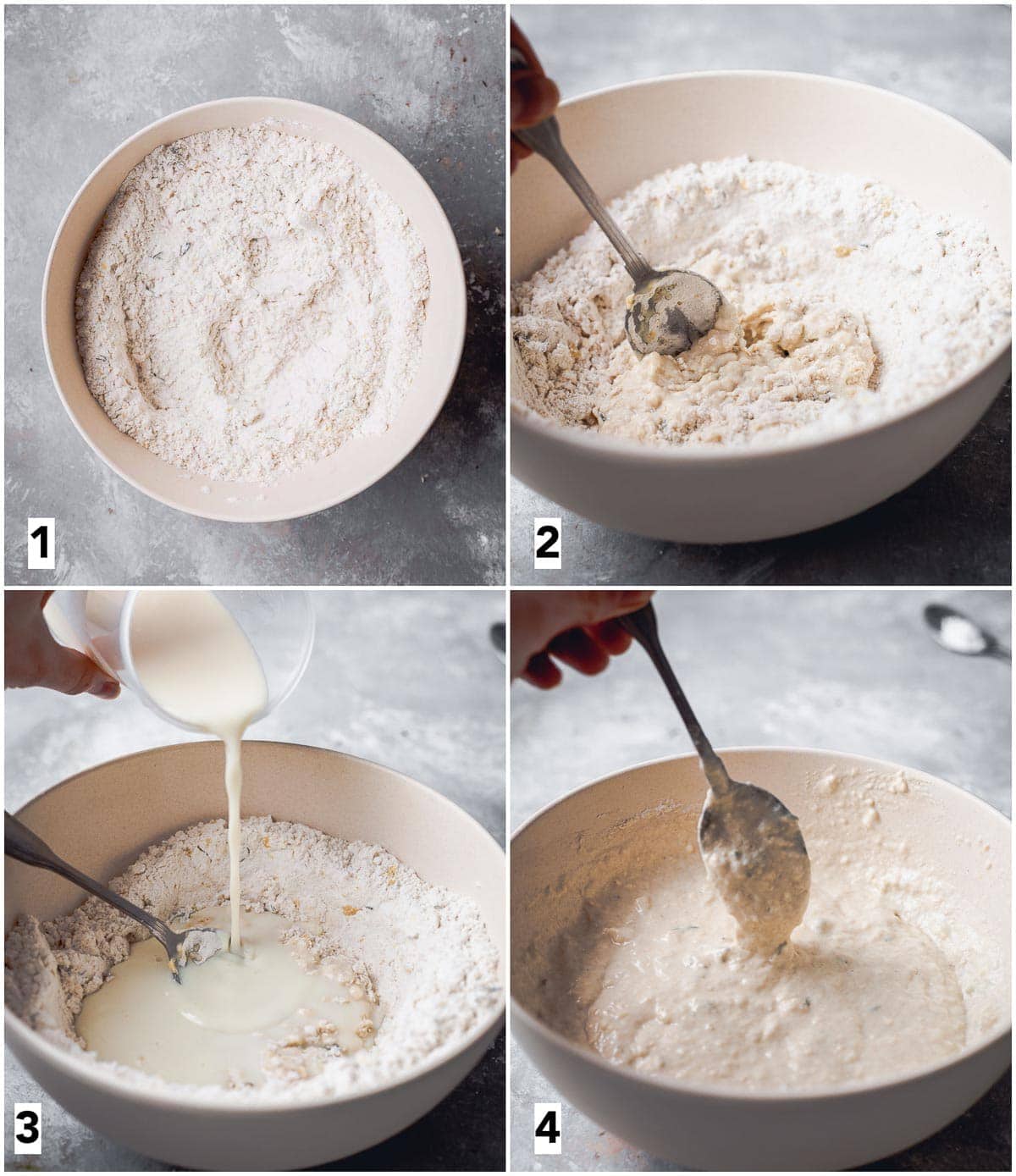 A collage of four images showing four steps in making dumpling dough.