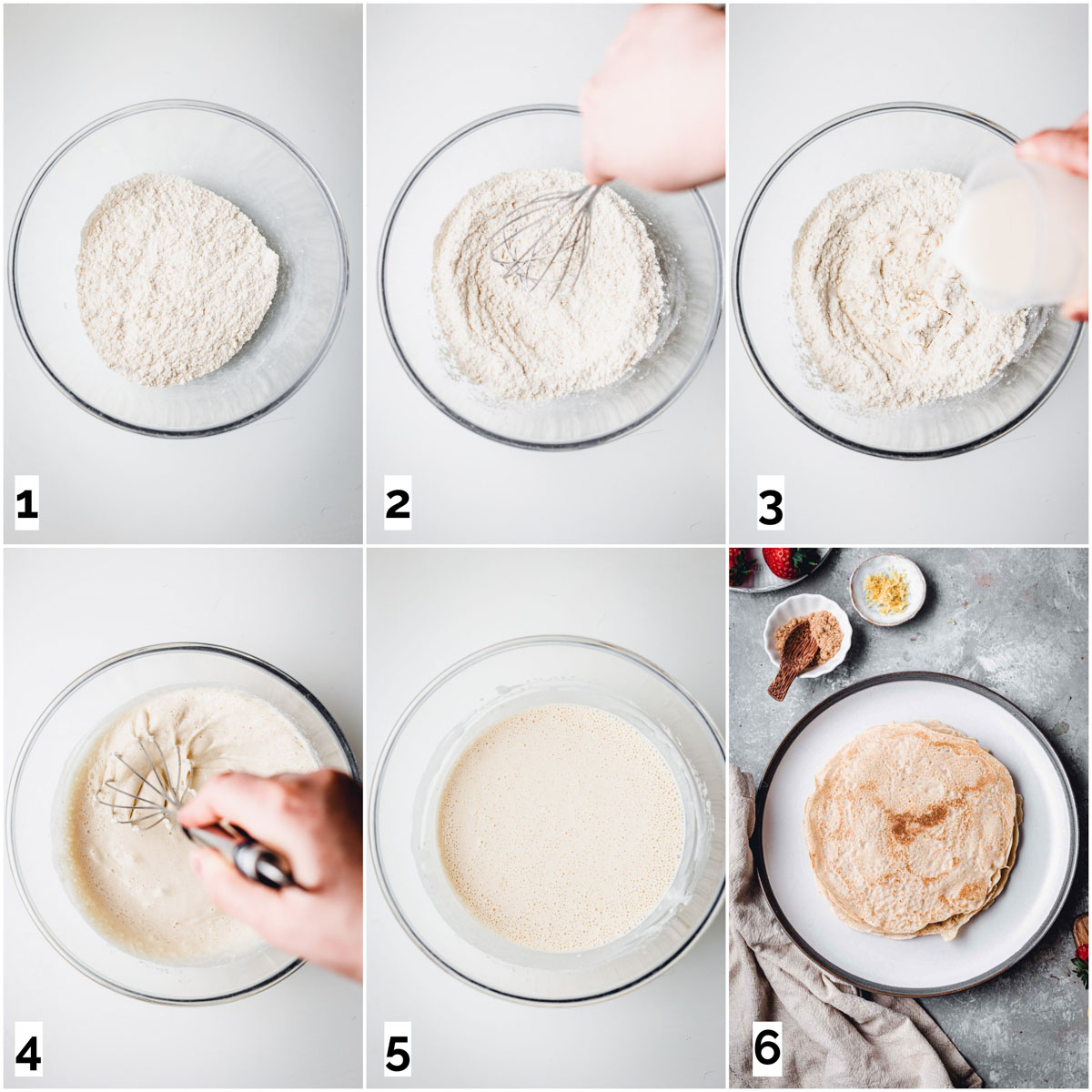 A collage of 6 images showing 6 steps in making almond milk crepes. 