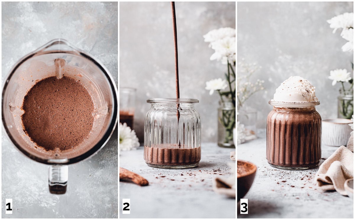 A collage of three images showing steps in making a chocolate shake. 