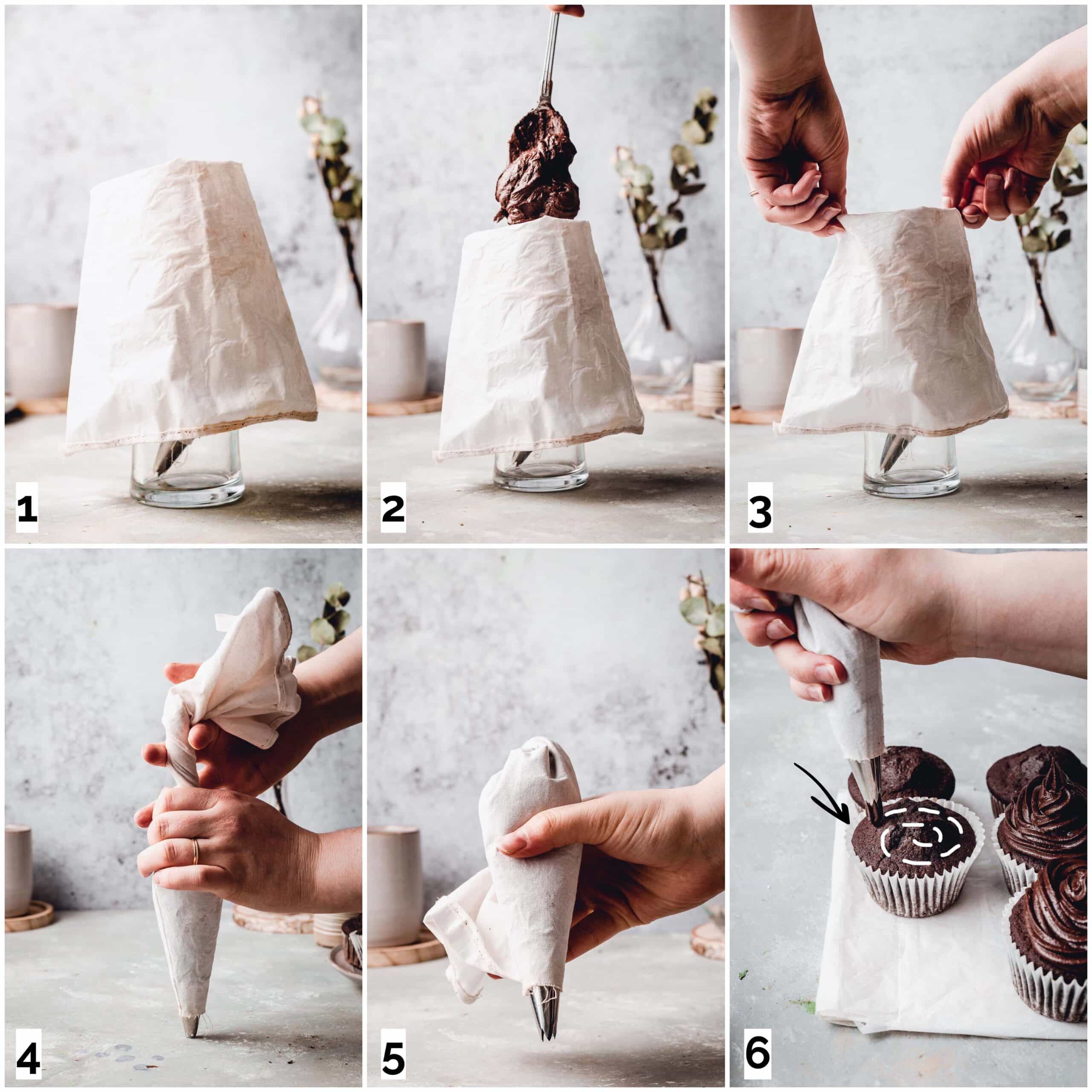 A collage of six images showing how to ice a cupcake.