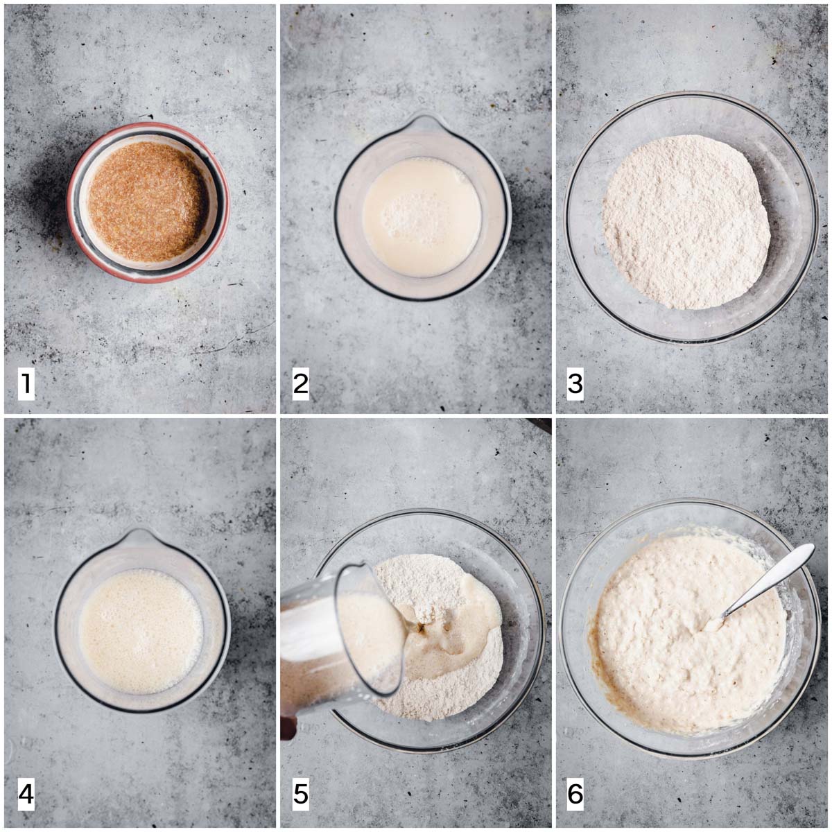 The six steps in making almond milk vegan waffles. 