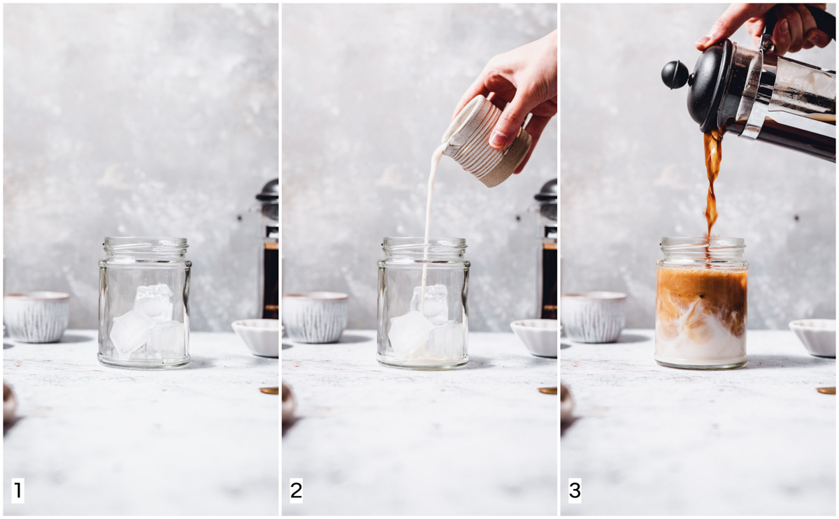 A collage of three images showing three steps in making iced coffee. 