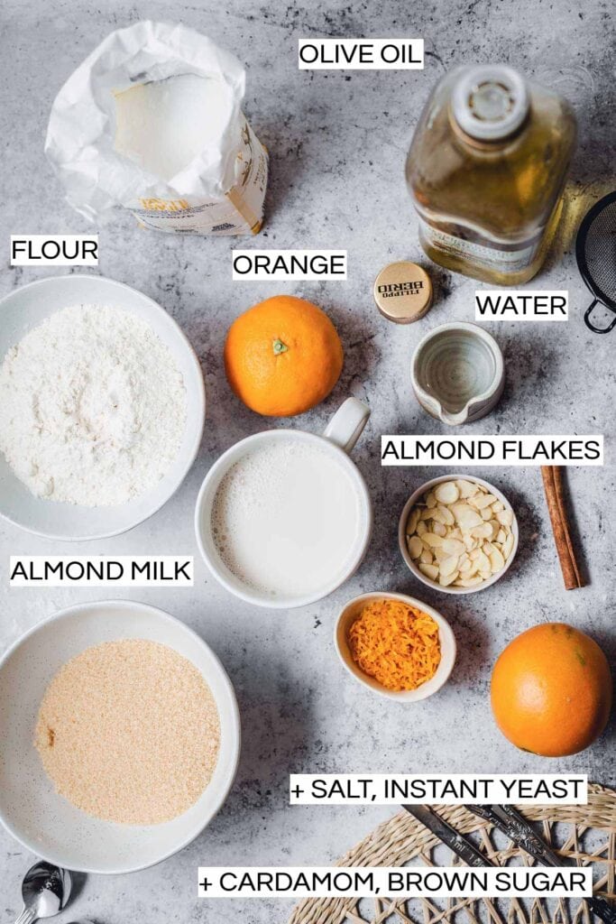 All the ingredients needed to bake an orange cardamom bun.