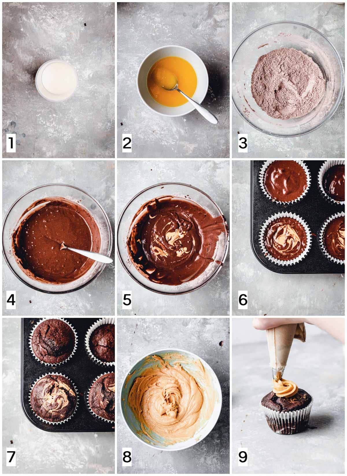 A collage of nine images showing 9 steps in making a cupcake. 
