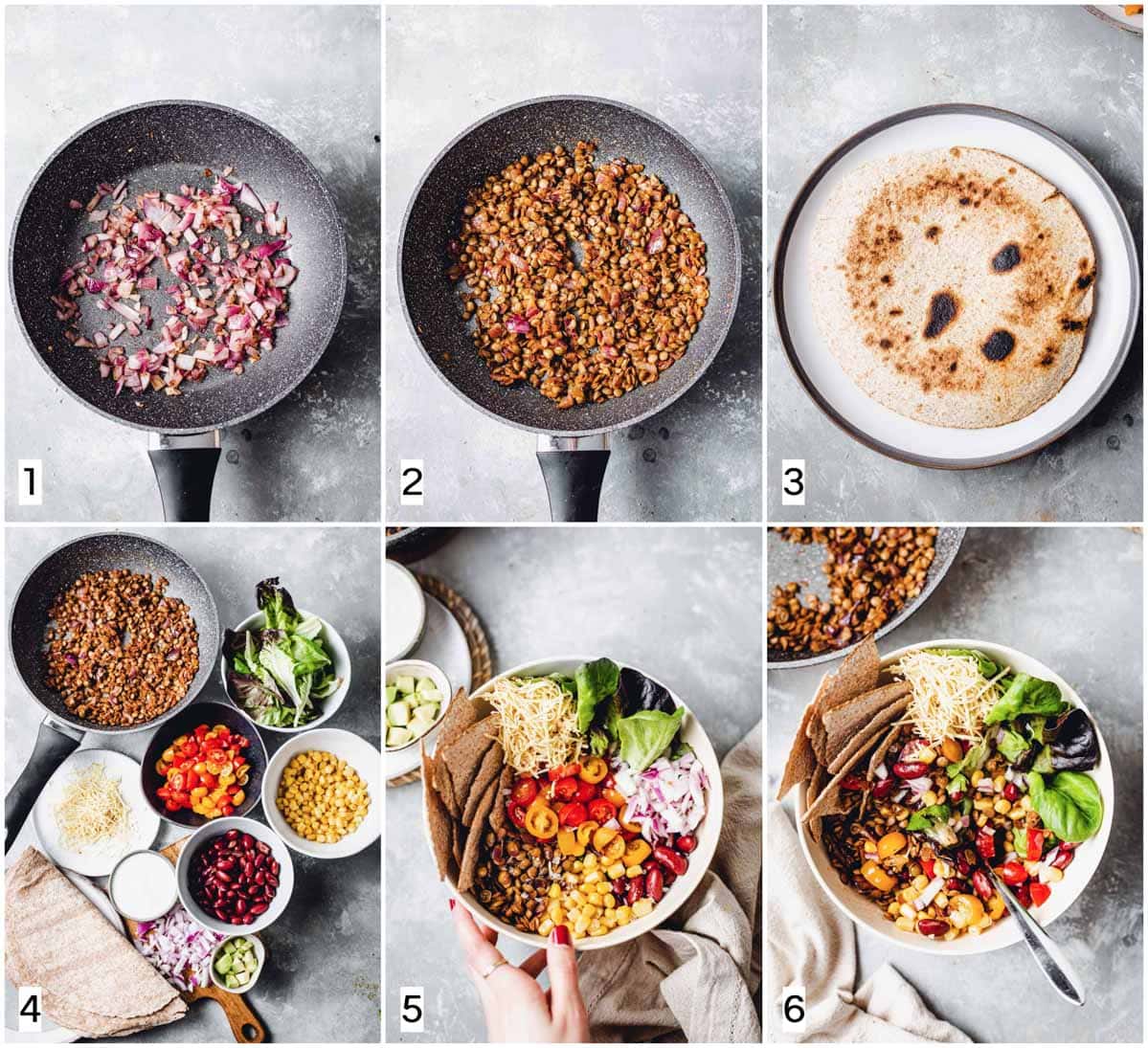 A collage of six images showing six steps in making taco salad. 