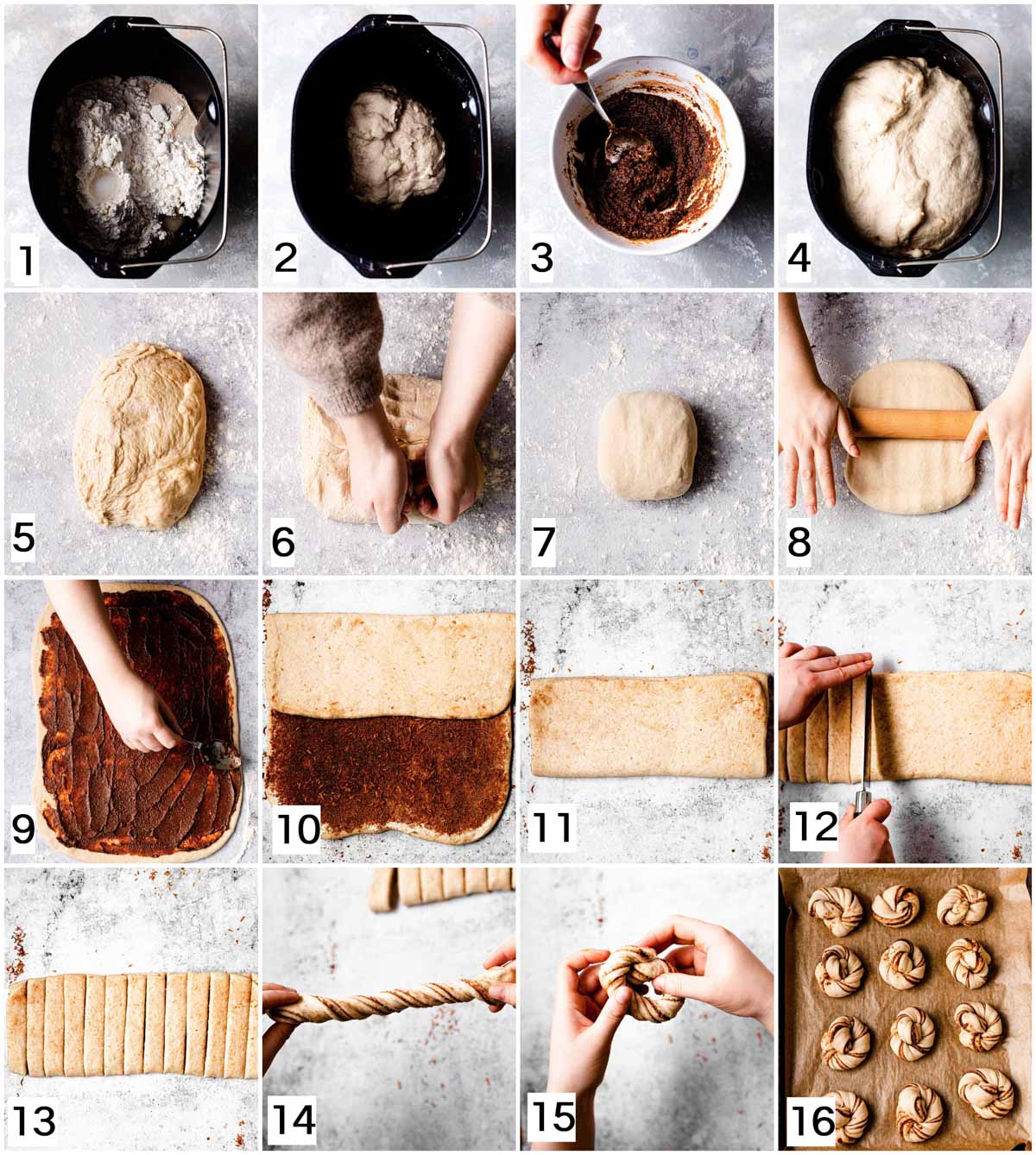 A collage of images showing 16 steps in making pumpkin rolls.