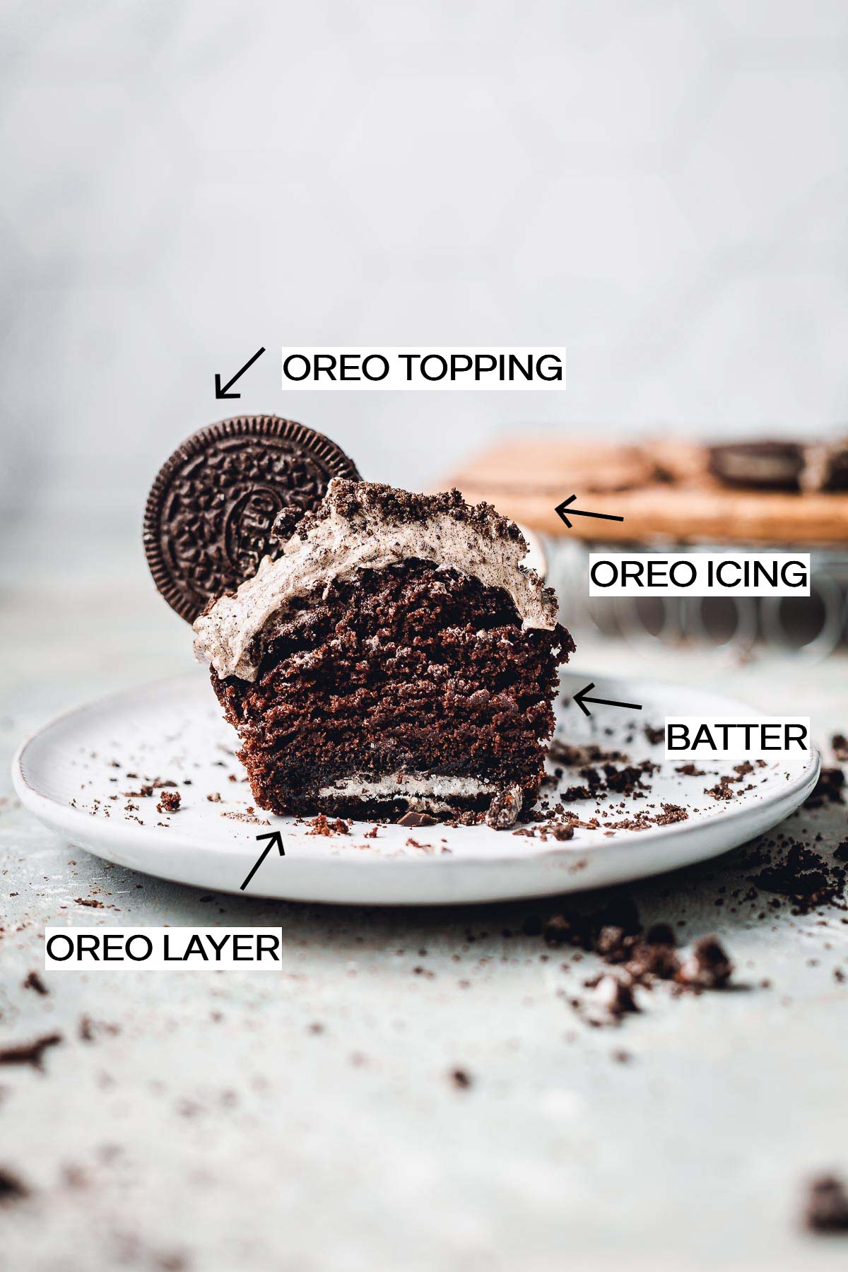 An inner view of Oreo cupcake sliced in half. 
