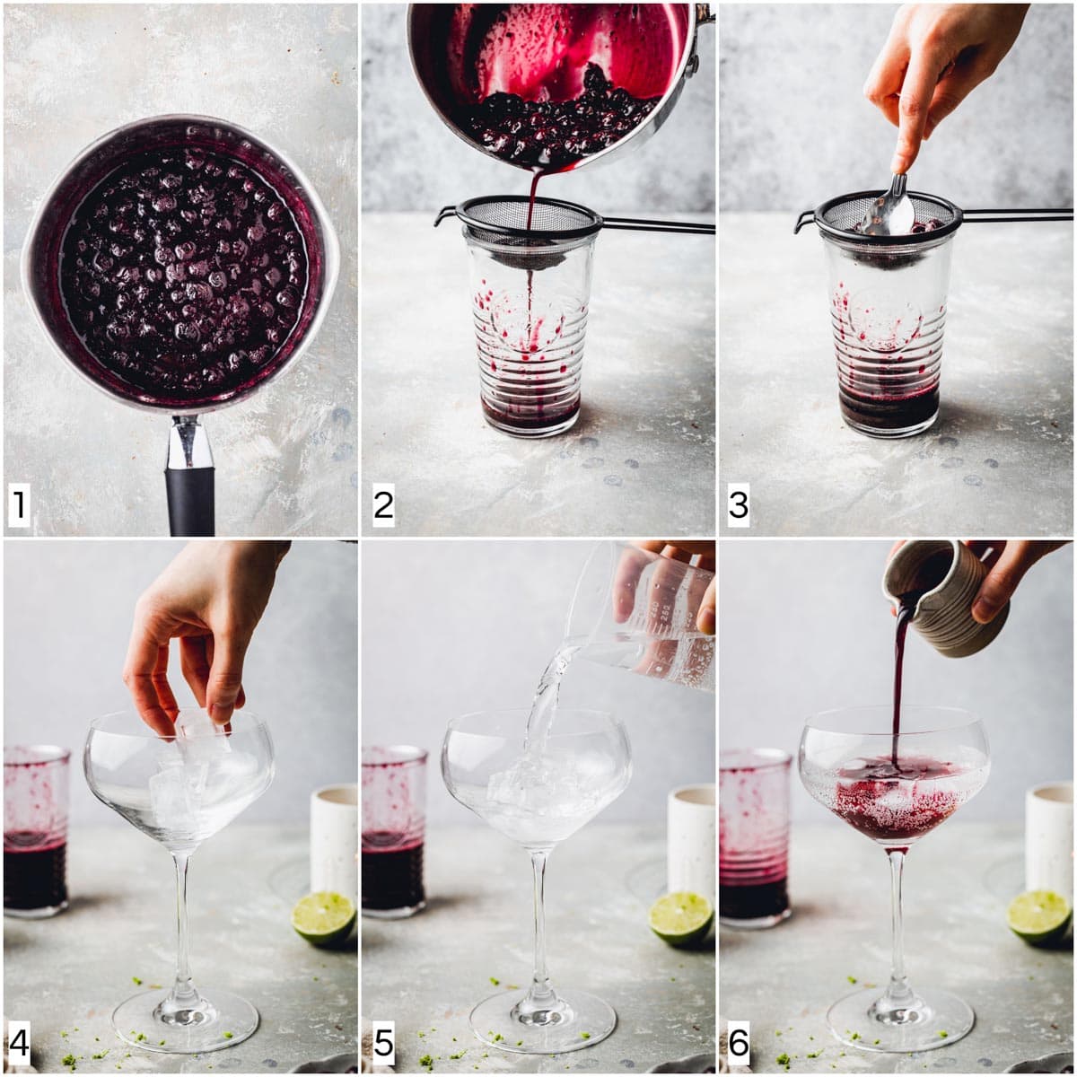 A collage of six images showing six steps in the making of blueberry cocktail. 