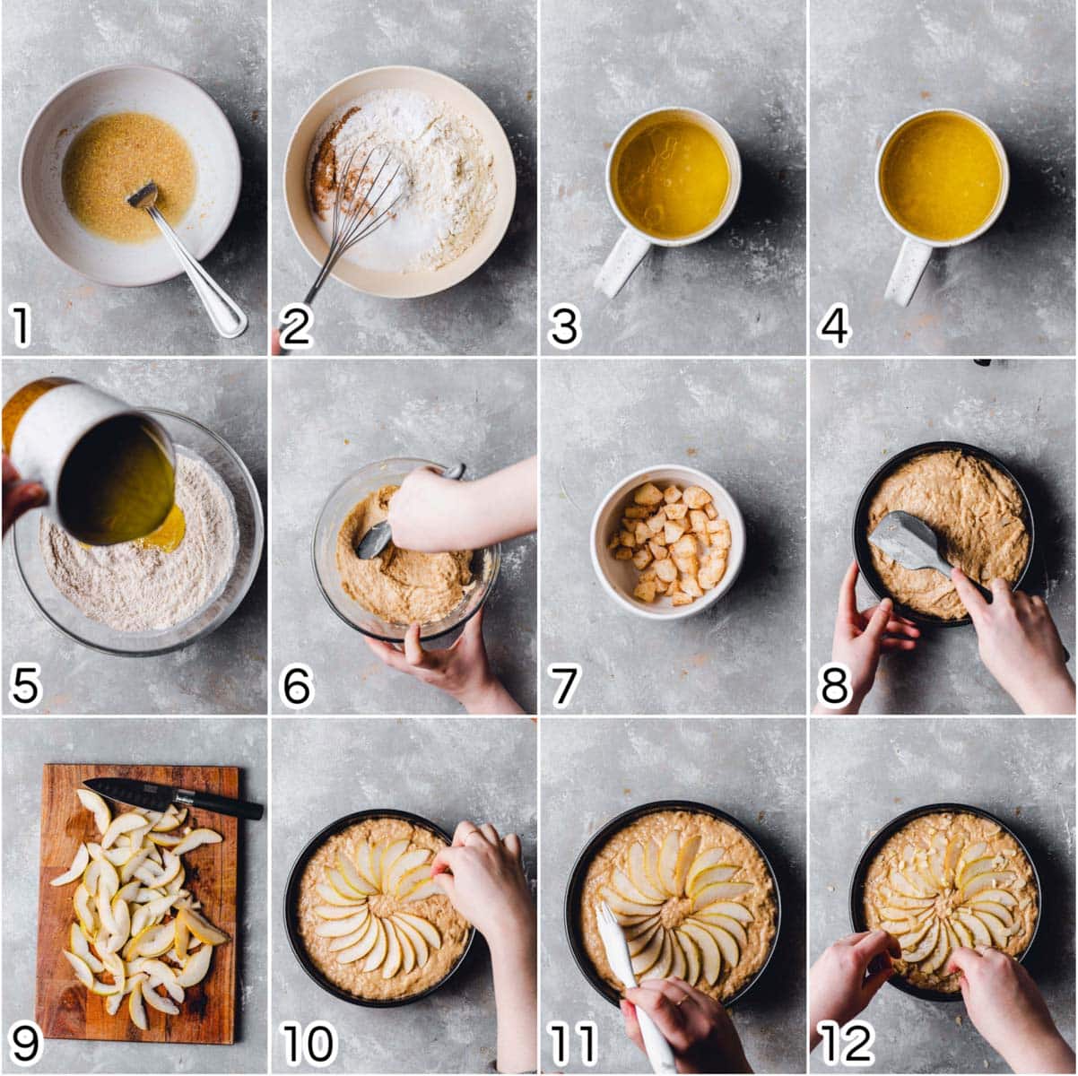 A collage of 12 images showing various steps in making a pear cake.