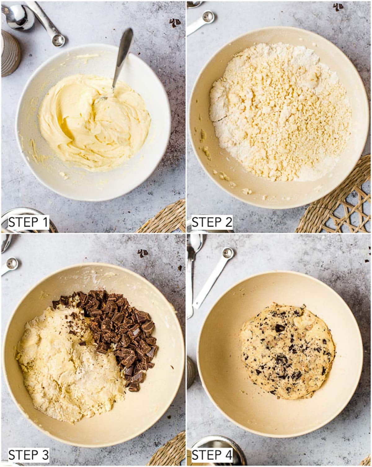 The first four steps in the process of making vegan shortbread.