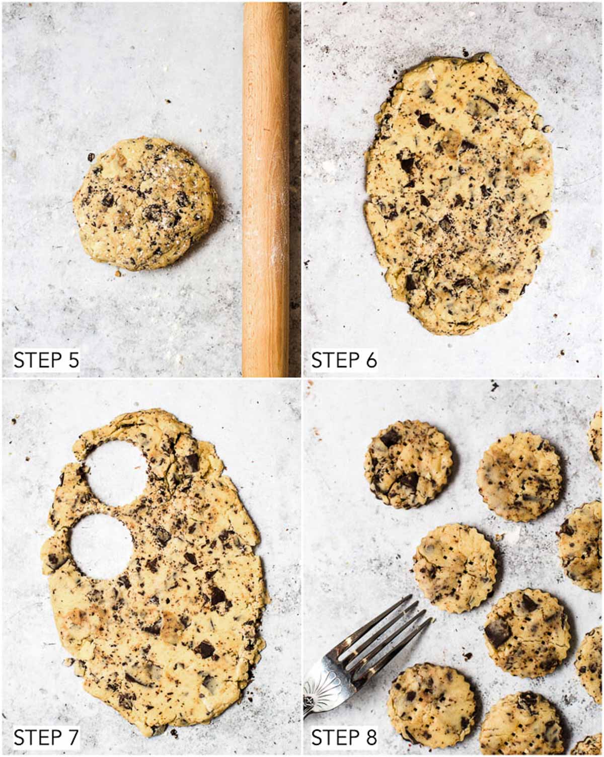 The last four steps in the process of making vegan shortbread.