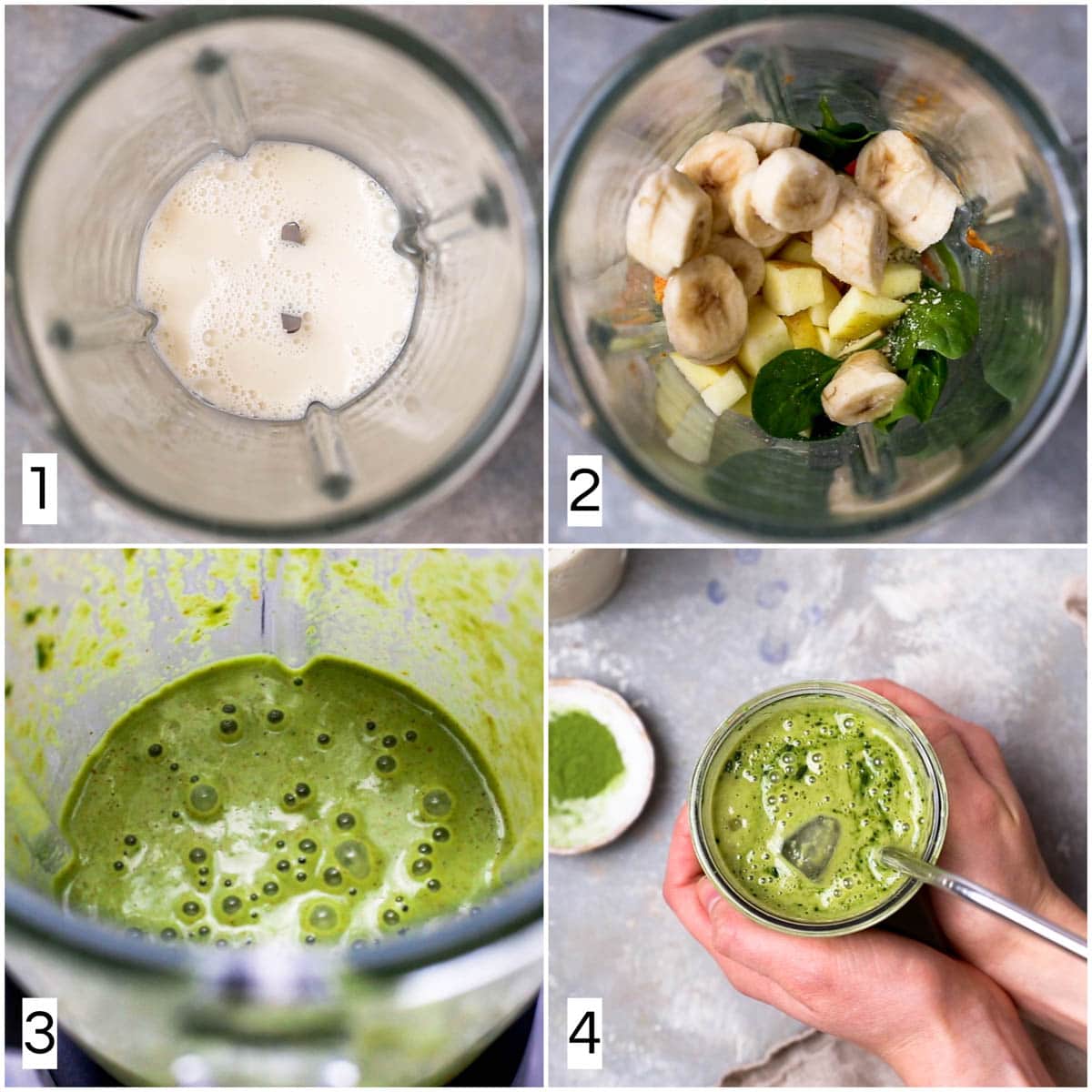 A collage of four images showing four steps in making a shake.
