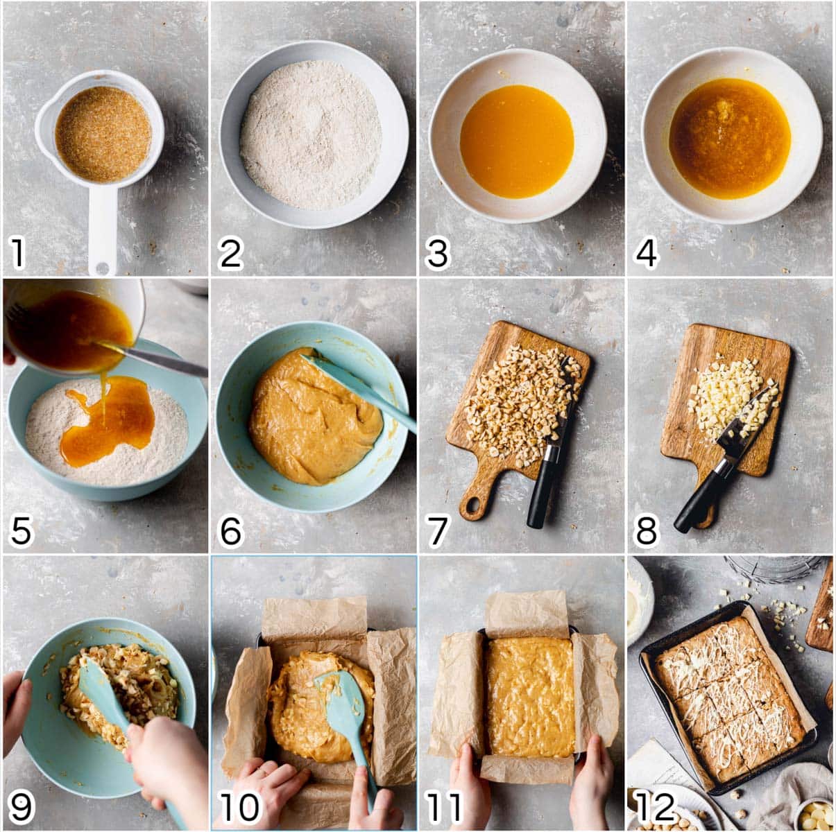 A collage of 12 images showing all the steps in baking a vegan blondie. 