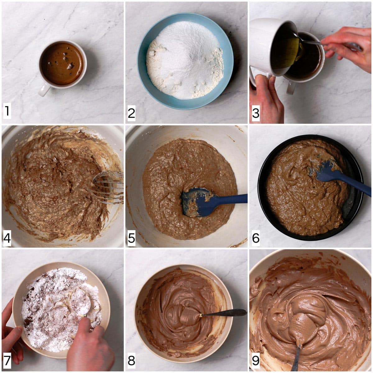 A collage of nine images showing all the steps in making a coffee cake. 