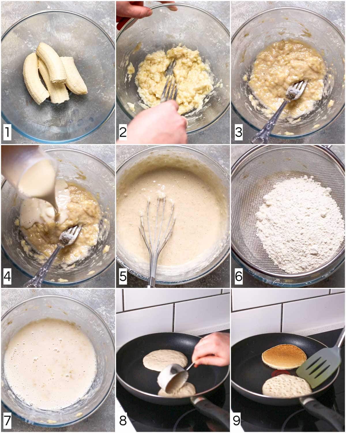 A collage of nine images showing nine steps in making vegan pancakes. 