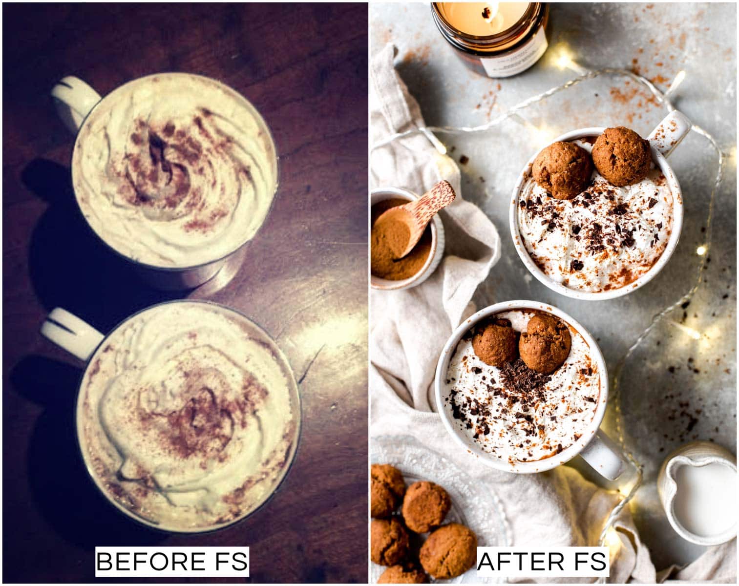 A collage of two images showing a before and after picture of a hot Christmas drink. 