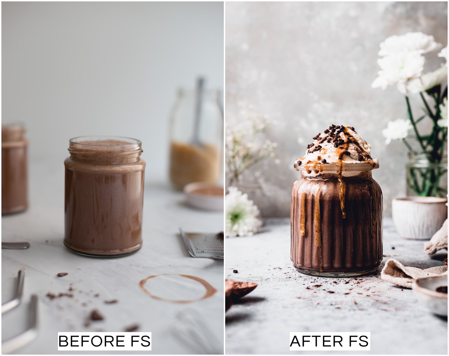 A collage of two images showing a before and after picture of a chocolate milkshake. 