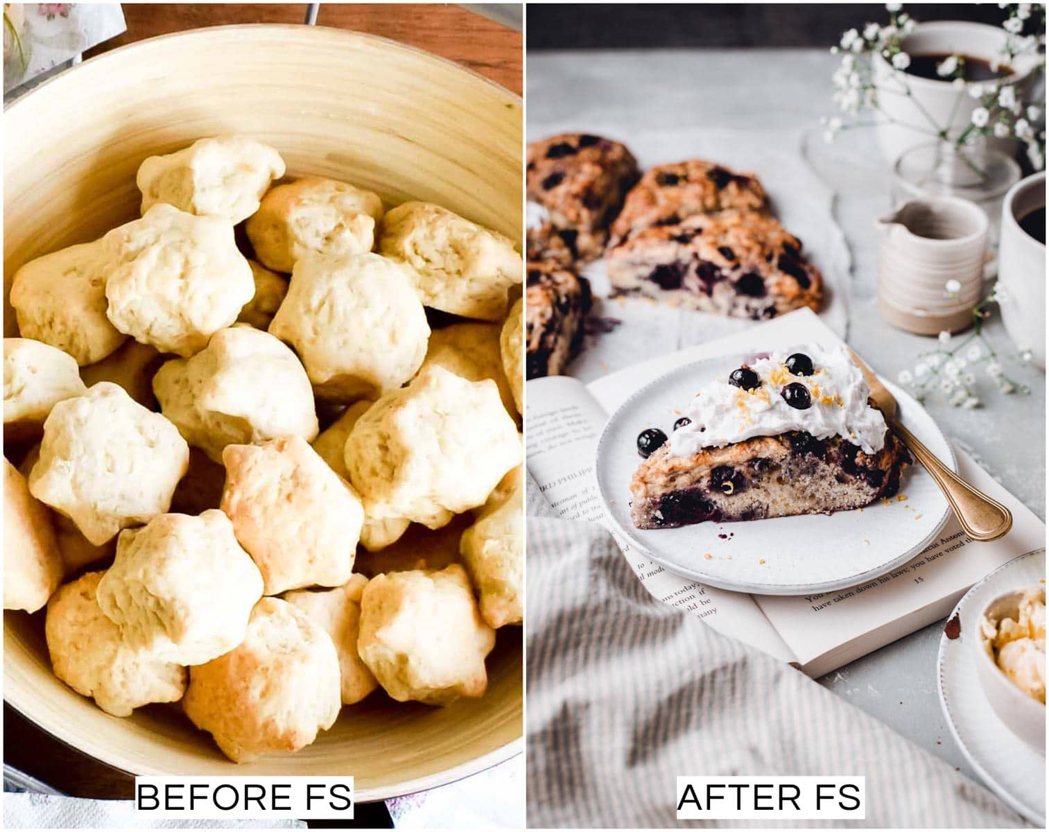 A collage of two images showing a before and after picture of a English scones.