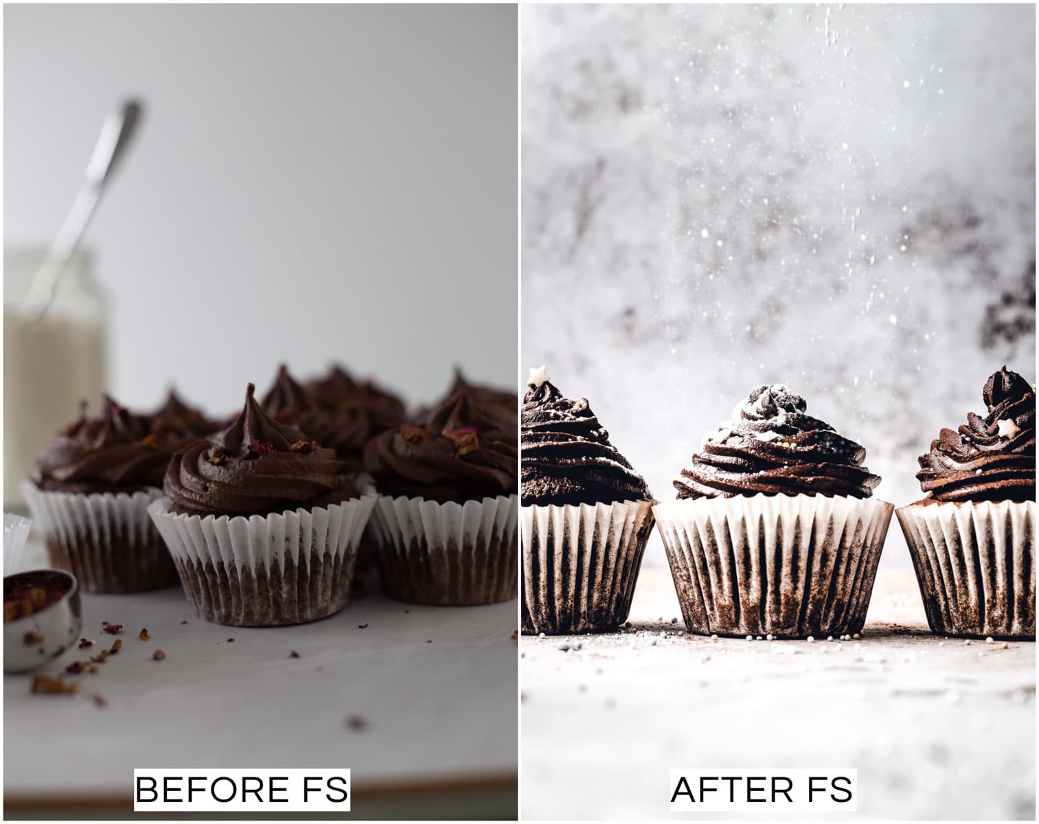 A collage of two images showing a before and after picture of chocolate cupcakes.