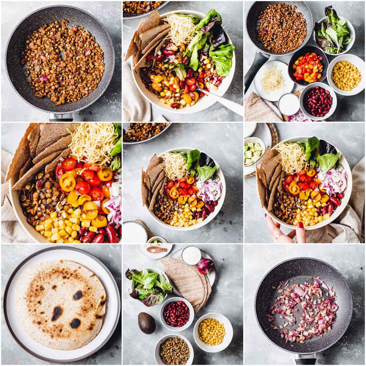 A collage of nine images showing vegan taco salad. 