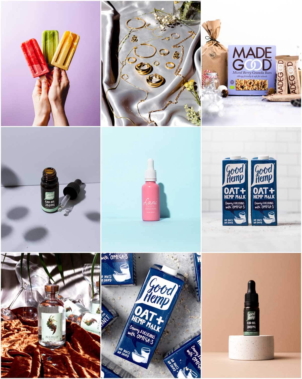 A collage of nine images showing different product photographs of items like milk cartons, bottles, jewellery and granola bars.