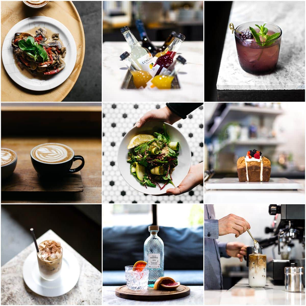 A collage of nine images showing nine shots of food and drinks from various cafes and restaurants. 