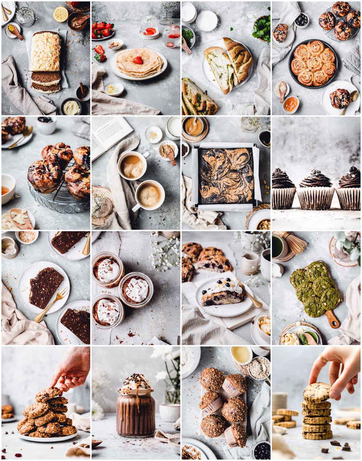 A collage of 16 images showing various baked goods and sweet drinks on different grey backgrounds.