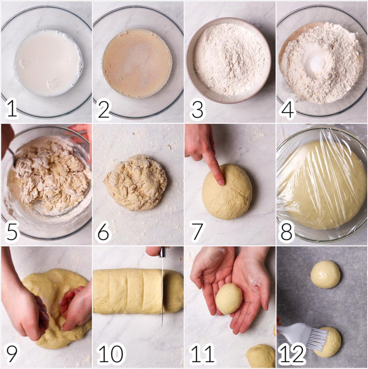 A collage of 12 images showing 12 steps in making a burger bun.