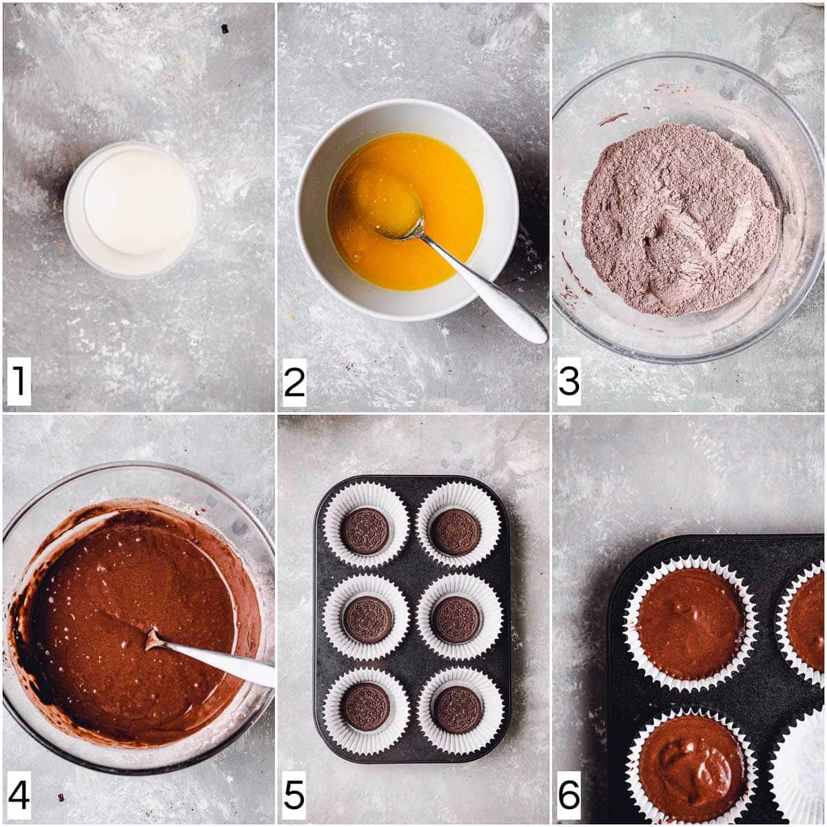 A collage of six images showing 6 steps in making Oreo cupcakes. 