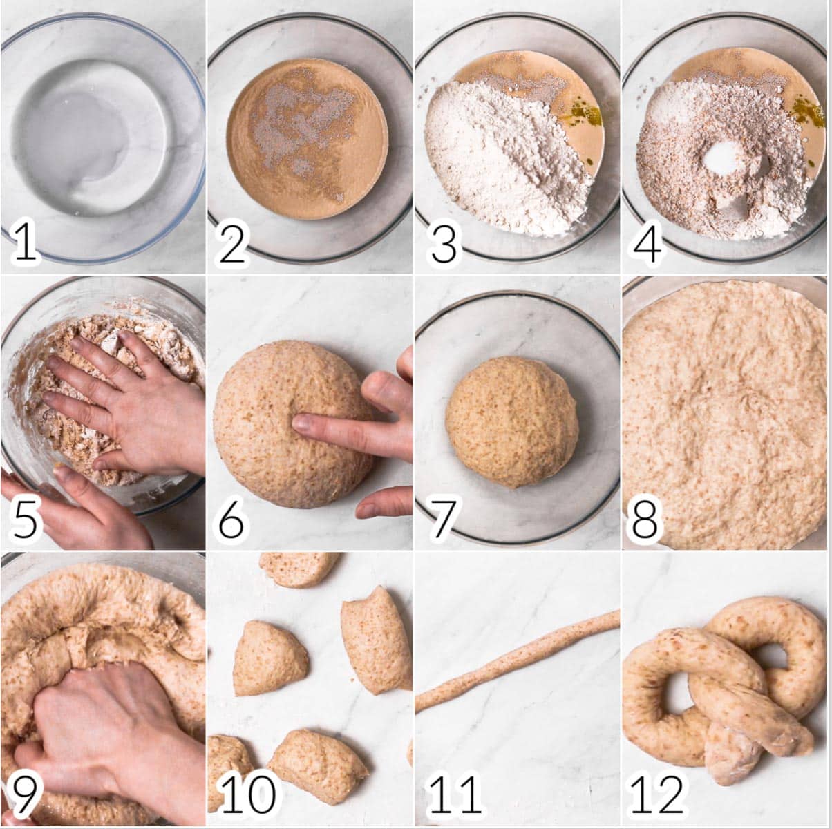 A collage of twelve images showing all the steps in making a vegan pretzel. 