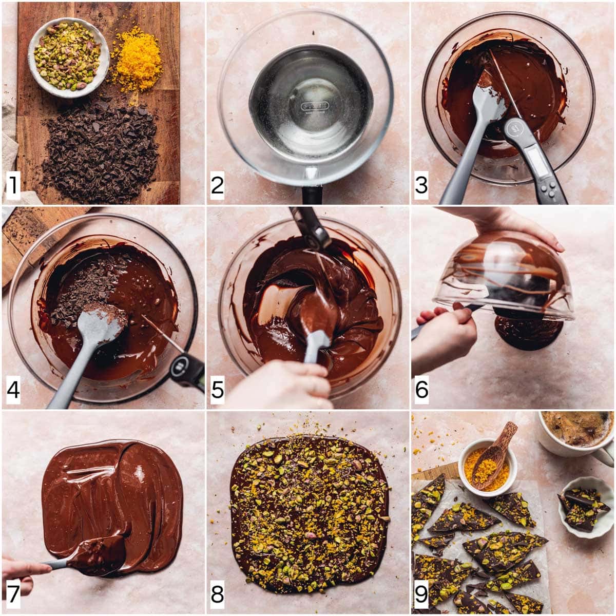 A collage of 9 images showing different steps of tempering chocolate.