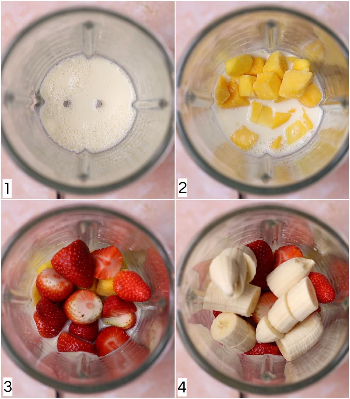 A collage of four images showing the steps in making an oat milk smoothie. 