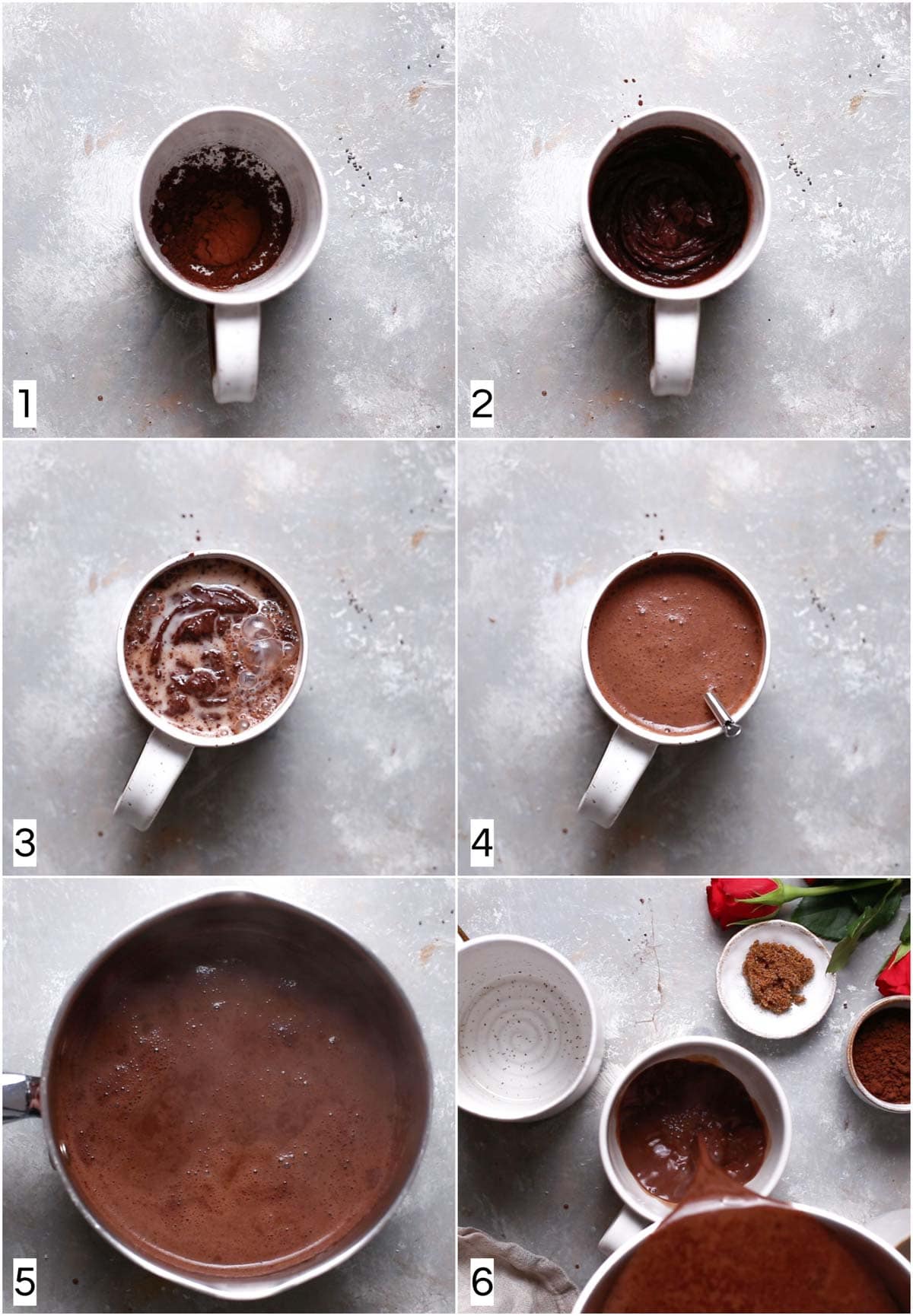 A collage of six images showing all the different steps in making hot cocoa.